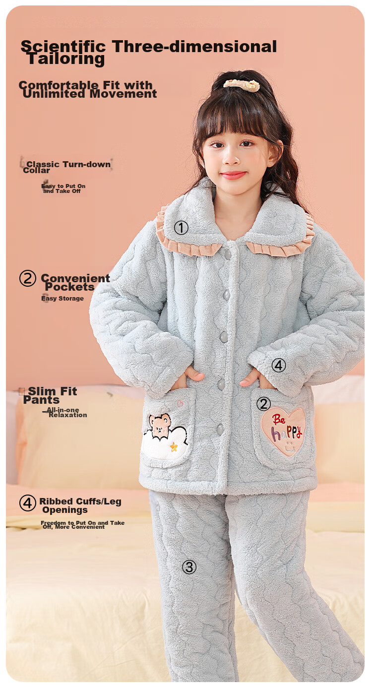 MiiOW Coral Fleece Padded Children's Pajamas, Girls' Loungewear, Cotton Jacket for Autumn And Winter, Three-Layer Thickened, for Older Children, Warm, 120cm 4