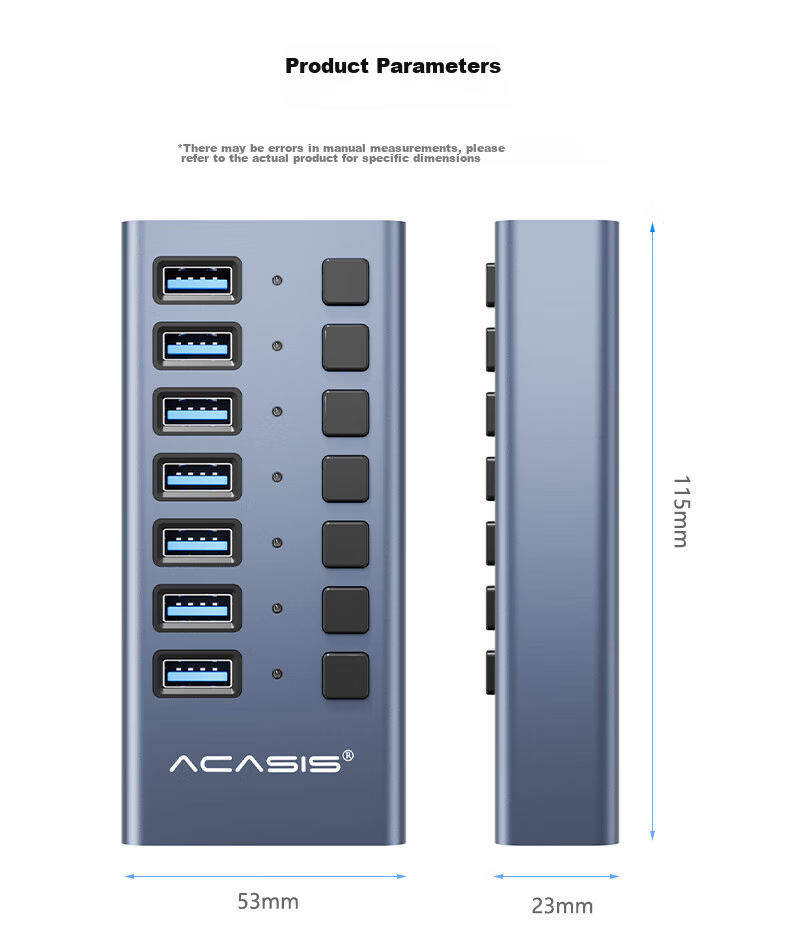 Acasis USB 3.1 Hub, 7-Port Expansion Dock, Independent Control Hub, Individual Switch Expansion Adapter, Compatible with Apple Mac Laptops, Expansion Dock HS-707MG 10Gbps 18