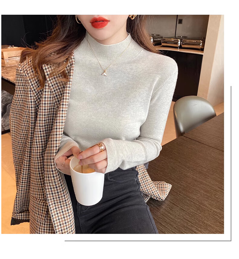 XUEXIMAN Semi-Turtleneck Base Layer for Women, Autumn And Winter Solid Color High-End Base Shirt, Versatile Slimming Knitted Sweater Suitable for Outer Wear 8