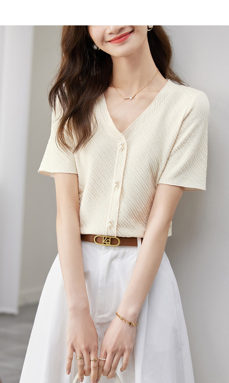 Sentubila Gentle V-Neck Pearl Button Short-Sleeve T-Shirt for Women, Summer Slimming Niche Design Top, Apricot Color, Size S 10
