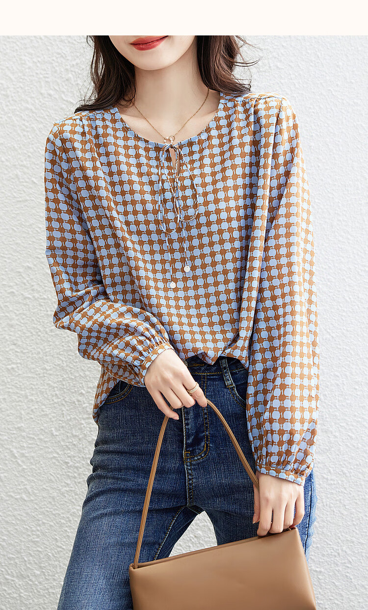 Dme [Cotton-Like Feel Blouse] Spring And Autumn Tie-Up Long-Sleeve Polka Dot Print Shirt Women's Top 4