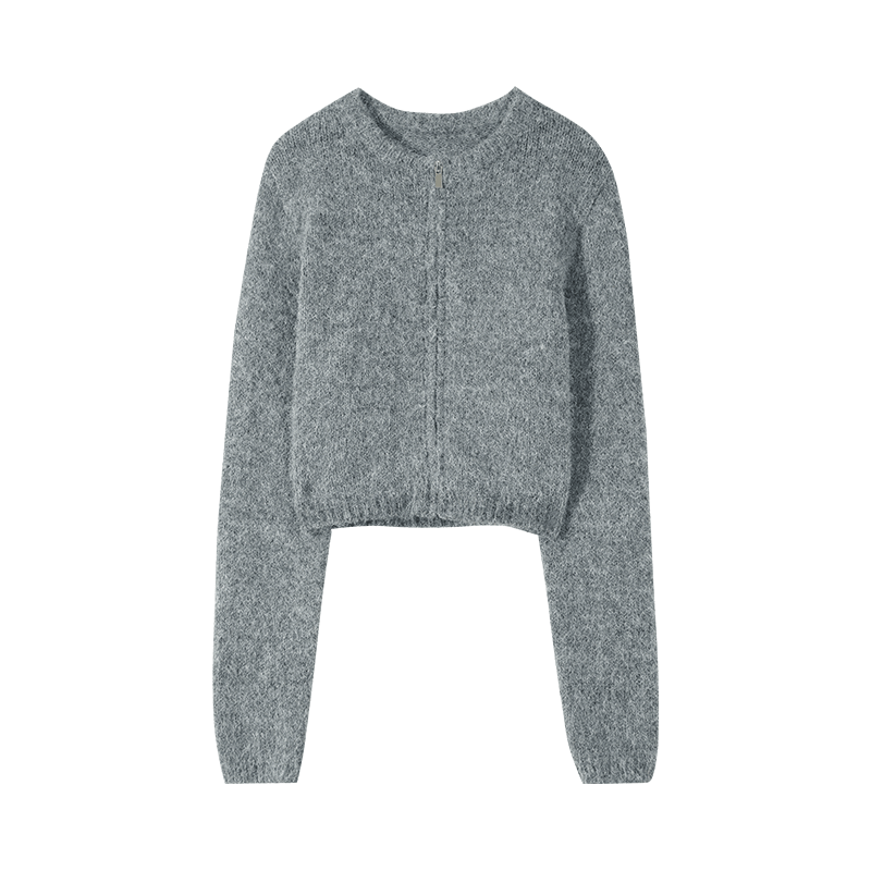 Dme [Gray Plush Knit Jacket], Autumn Round Neck, Button-Up Collar, Zipper Design, Long-Sleeve Knit Sweater, Gray, L