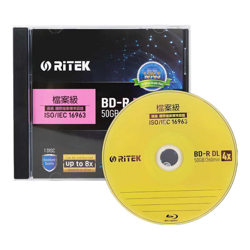 RITEk Archive-Grade Blu-Ray Disc ISO/IEC 16963 Standard BD-R DL Recordable Disc, Century Storage High-Capacity Blank Disc, 50GB Single Disc in Box