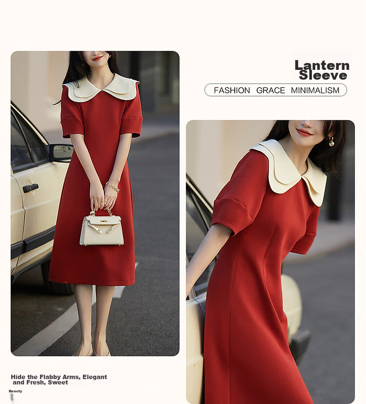 Dme [Young Noble] Spring and Autumn French Petal Collar Little Black Dress 350G Air Layer Contrast Color Dress for Wome 6