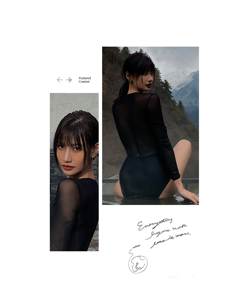 OMOM One-Piece Swimsuit for Women, Black High-Waist Slimming Tummy-Covering Mesh Spliced Long Sleeve Student Hot Spring Swimming Suit L 9