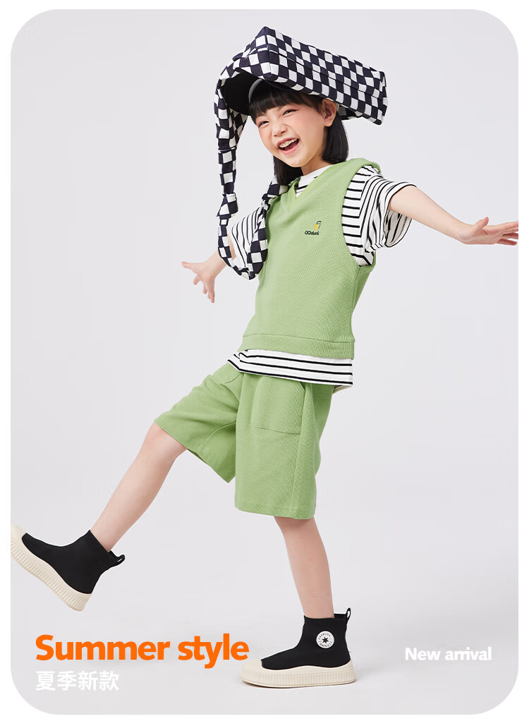 QQ DUCK Girls' Summer Outfit Set, Children's Sports Short-Sleeve Shorts, Youth Clothing, Waffle Texture, Green; Size 120 1