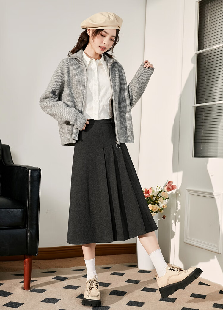 TonLion 2023 Women's High-Waisted A-Line Pleated Midi Skirt, Academic Style, Linen Gray, L 2