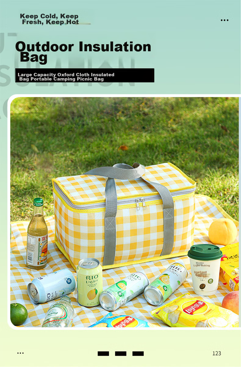 JOYTOUR Insulated Picnic Bag, Outdoor Portable Folding Camping Lunch Box Bag, Cold Storage Bag, Travel Picnic Basket, Yellow And White Checkered Patter 1