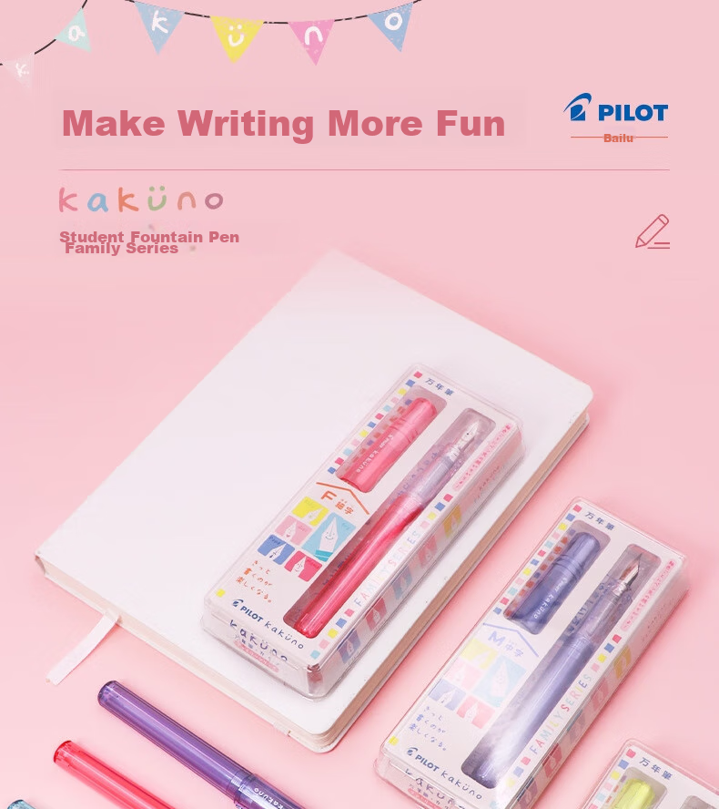 PILOT Kakuno Smiley Family Series Fountain Pen for Primary School Students Grades 3-6 with Replaceable Ink Cartridges, Calligraphy Practice Fountain Pen for Children, Mom's Edition M Nib Transparent Red 2