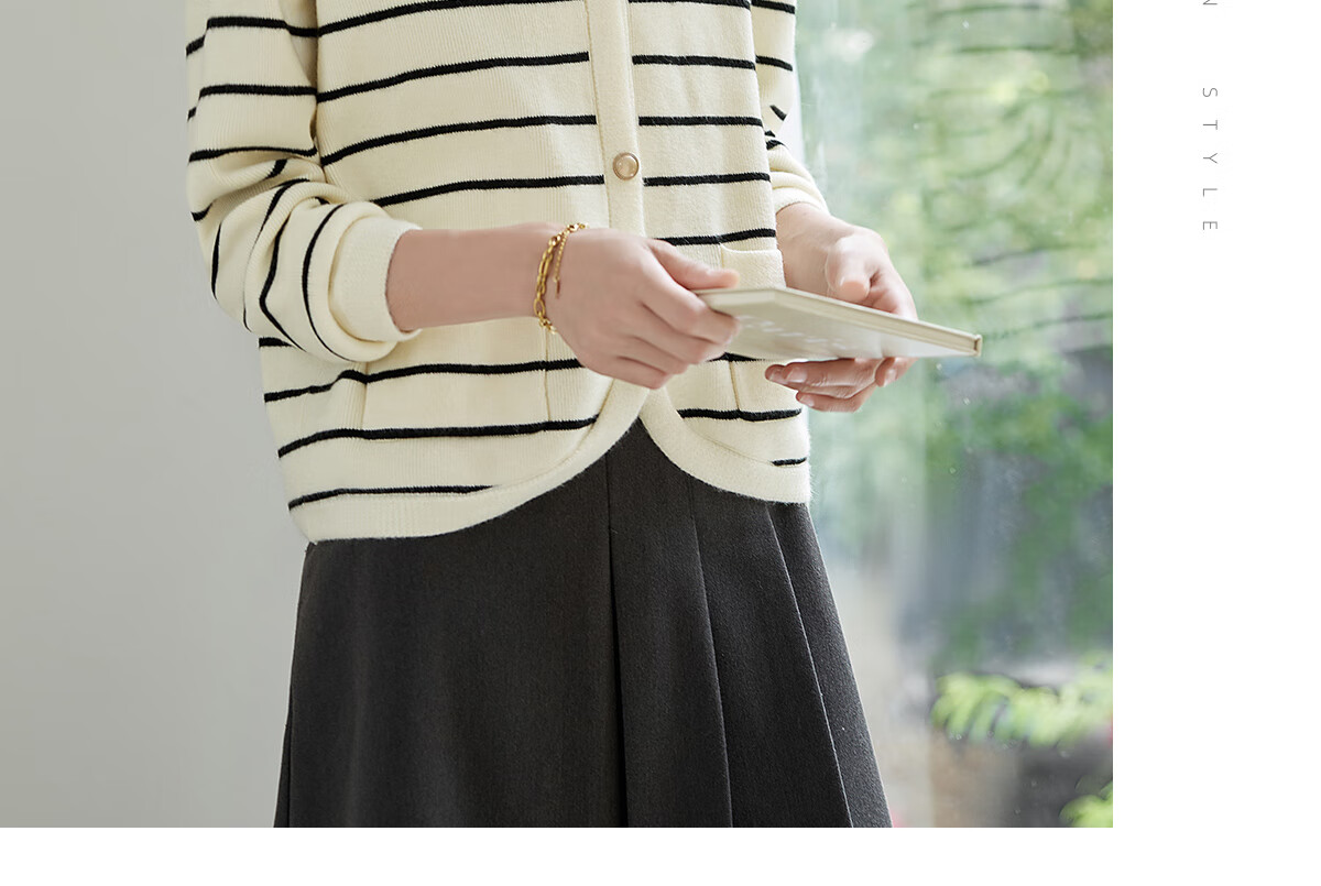 Chushen Spring And Autumn Knitted Cardigan for Women, Versatile Round Neck Fashionable Striped Curved Hem Sweater Jacket Top S143Z1032 9