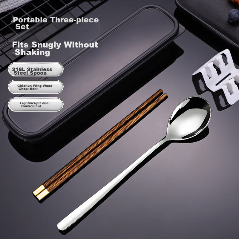 Shihua 316L Stainless Steel Spoon And Wooden Chopsticks Set, Chicken Wing Wood Portable Chopsticks And Spoon Three-Piece Set