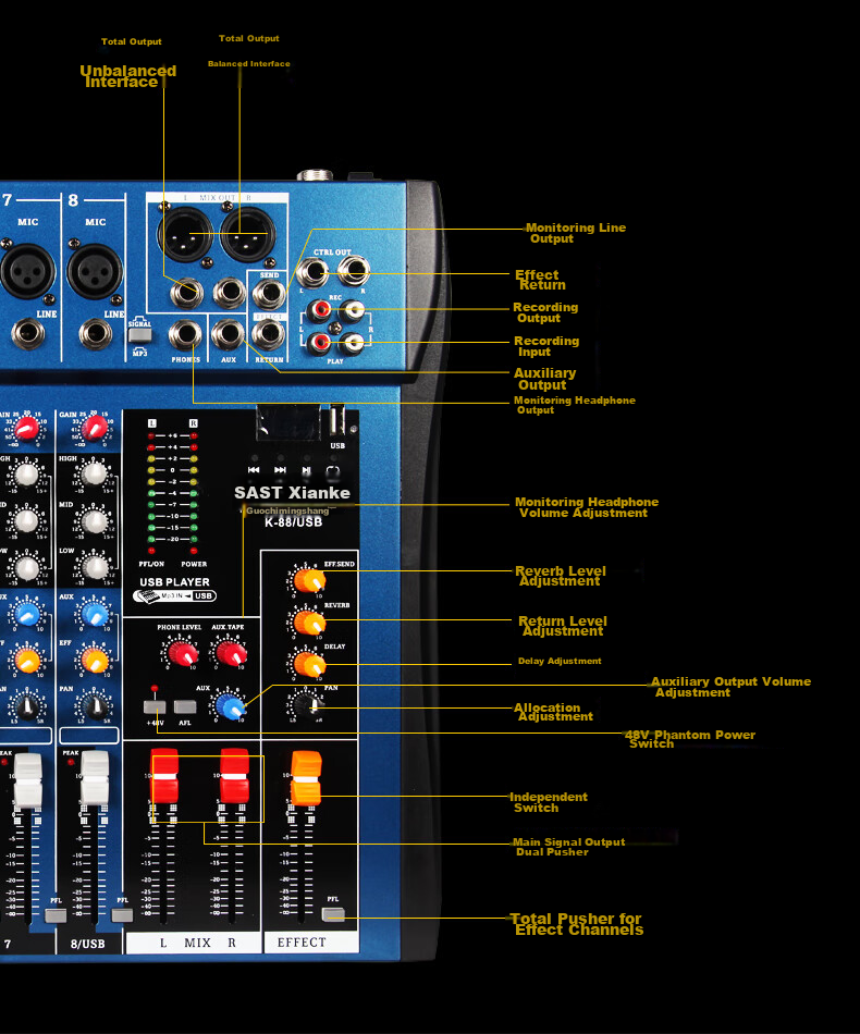 SAST K88 Professional 8-Channel Mixer for Stage Performances And Conference Rooms with Bluetooth, Reverb Effects, MP3 Multi-Functional Audio Control Console 9