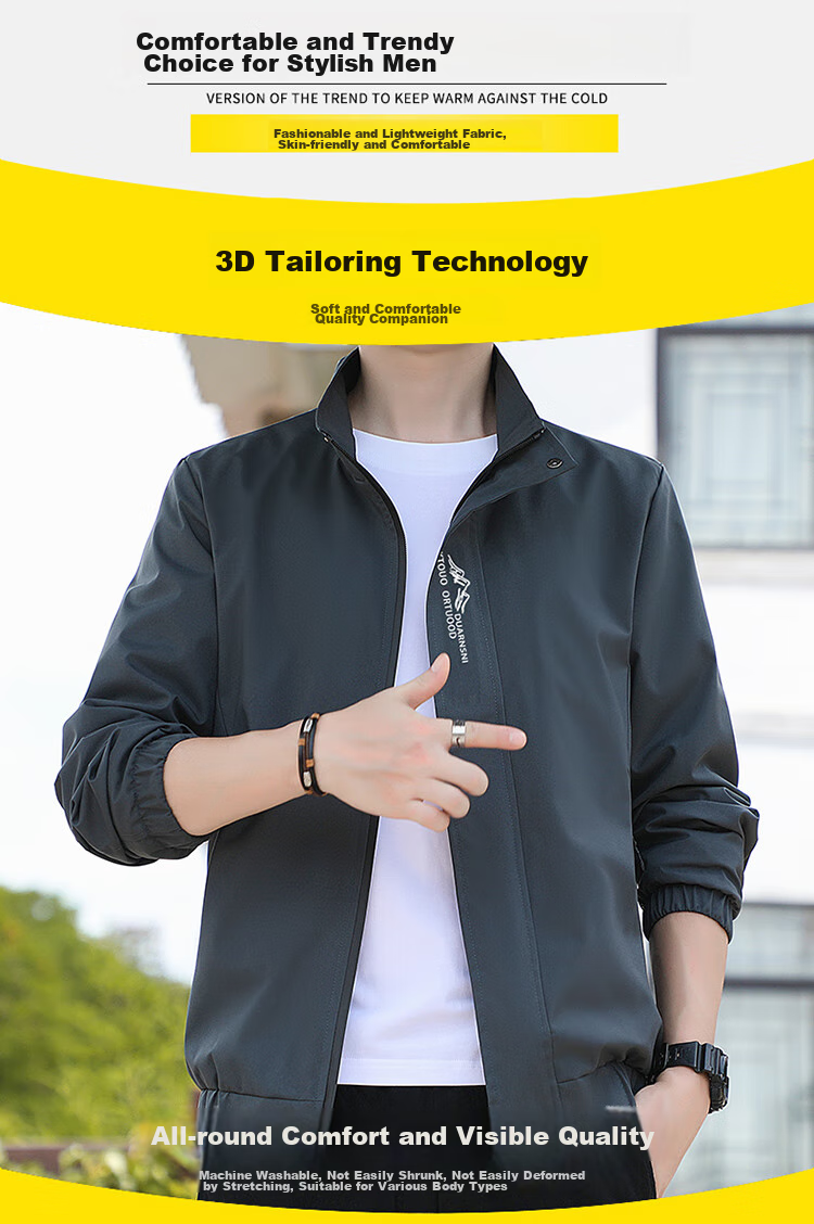 TUCANO Jacket for Men, Spring And Autumn Loose Fit Stand Collar Versatile Casual Coat Trendy Comfortable Outerwear Men's Clothing, Black, 3XL 3