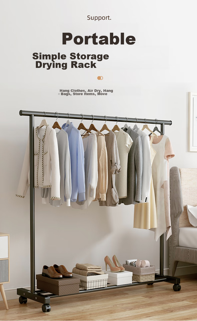 Milin Single Rod Hanger, Dormitory Coat Rack, Indoor Clothes Hanger, Floor-Standing Drying Rack for Bedroom, Black Single Rod 100CM 1