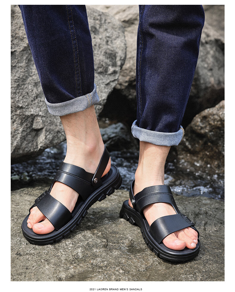 LAORENTOU Men's Beach Sandals Summer Breathable First Layer Cowhide Massage Sole Slippers Outdoor Casual Shoes LT12031 Black Size 40 3