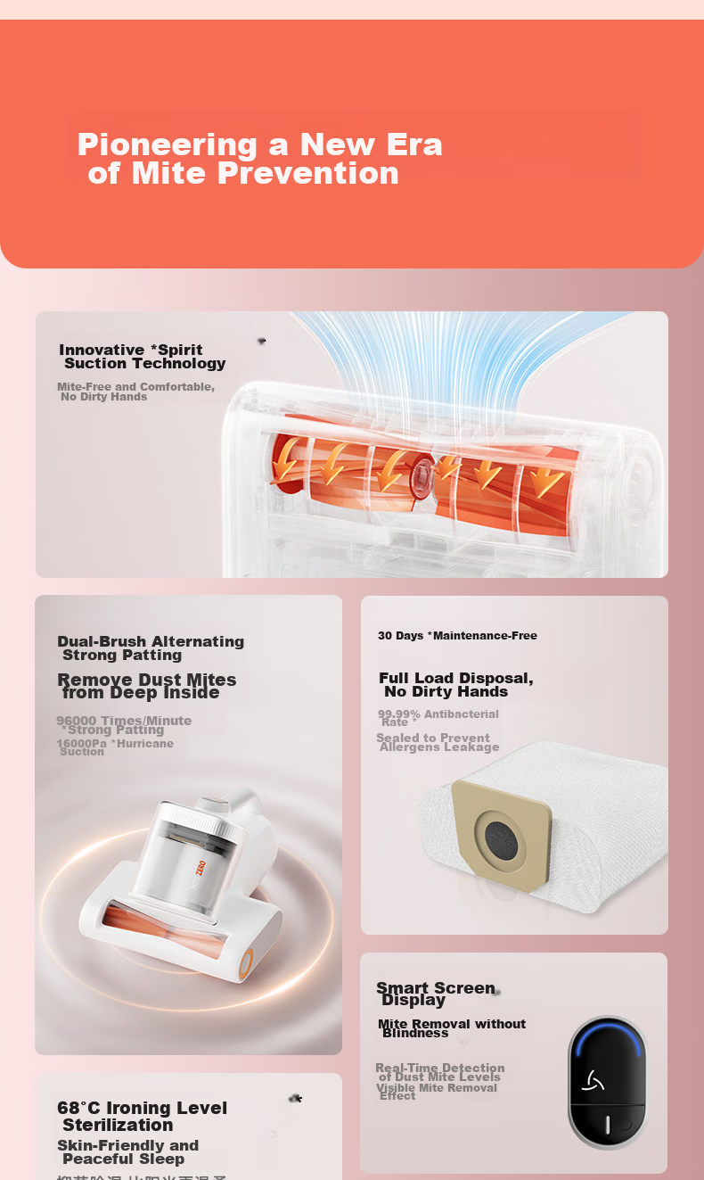 Shunzao Dust Mite Remover Bed, High Suction Dust Bag Model, Anti-Tangling, 3D 68°C Hot Air Drying, Home Bed Vacuum Dust Mite Remover with UV Sterilization, Meimeng W20 Plus 4