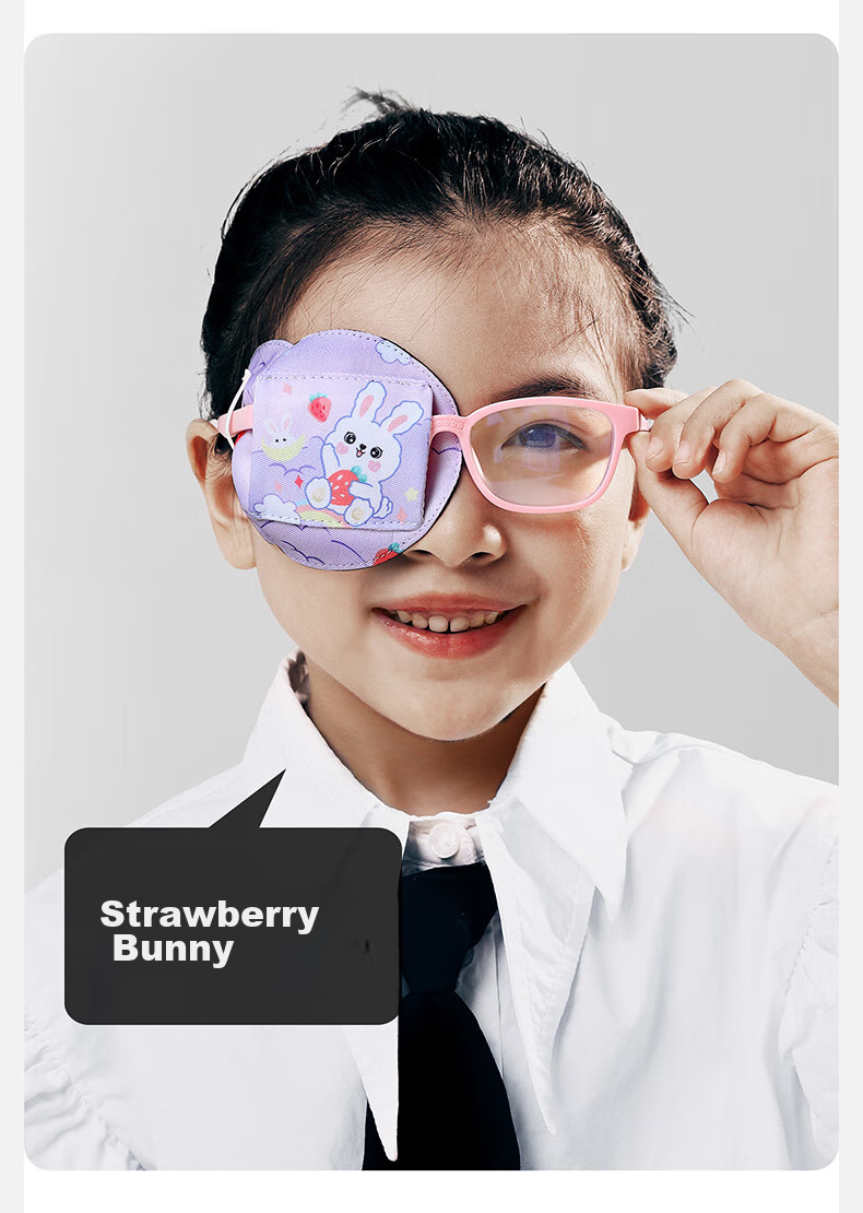 Moremerry Children's Eye Patch Monocular Vision Strabismus Corrector Trainer Amblyopia Light Blocking Eye Cover Strawberry Rabbit 23