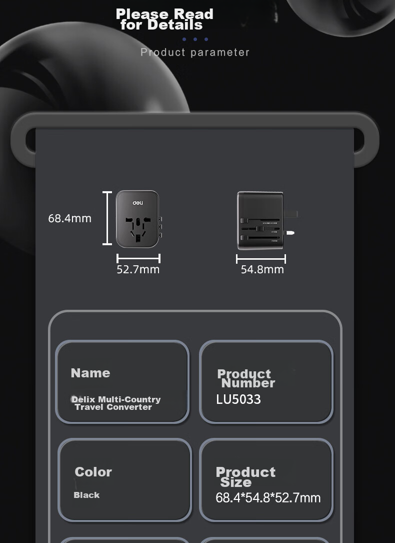 Deli 20W PD Fast Charging Global Travel Adapter/Converter Plug for Multiple Countries / Compatible with US, UK, Australia Standards / 1 to 1 Set + 2A1C Black LU5033 15