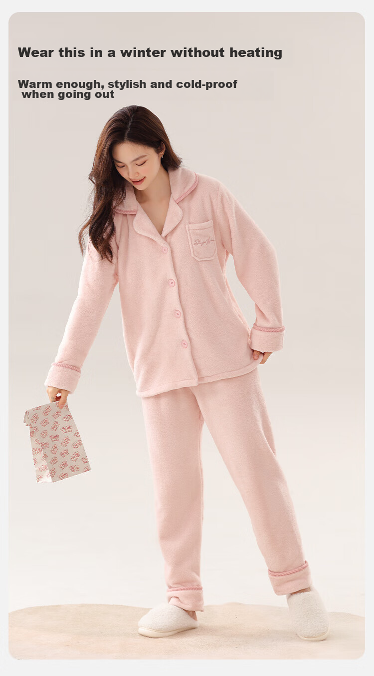 Dushiliren Women's Winter Pajamas, Fleece-Lined Thick Coral Fleece Cardigan Set with Pockets, Autumn And Winter Loungewear 11