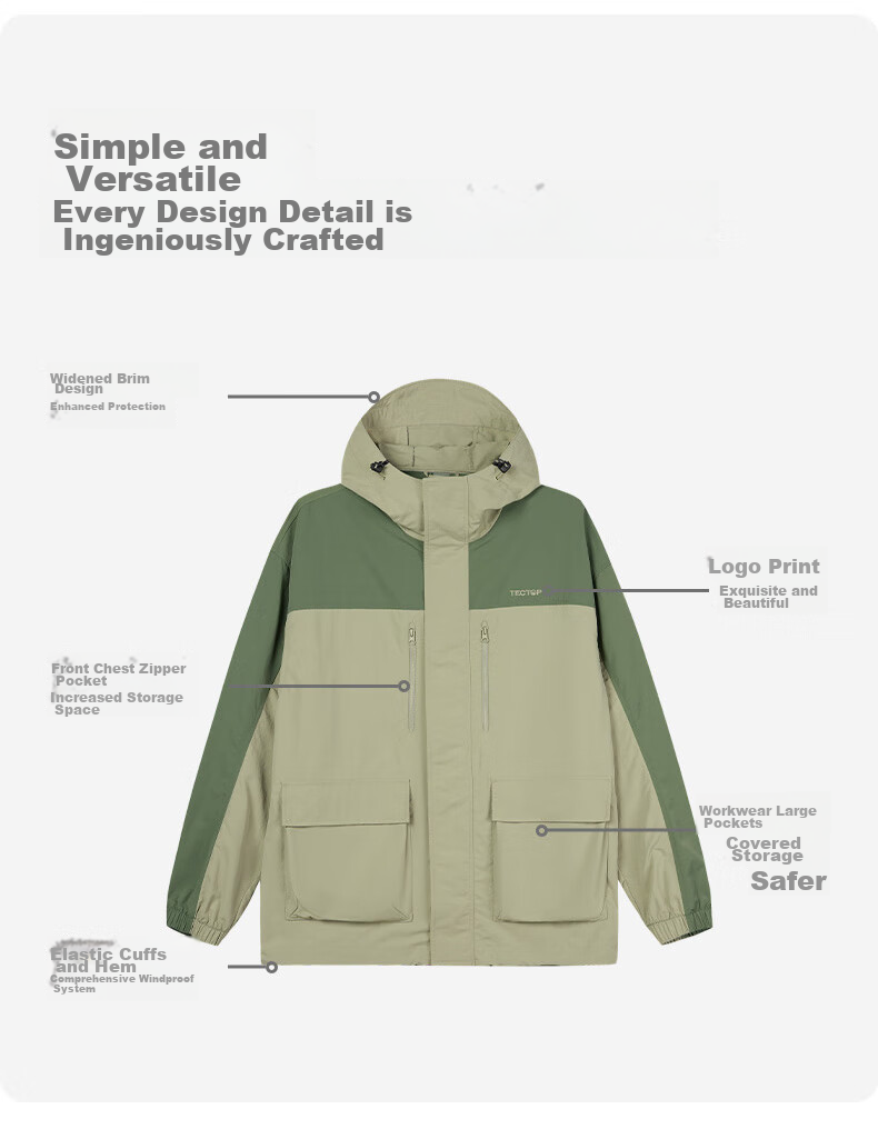 TECTOP Windproof Outdoor Hiking Jacket, Casual Outerwear, 2412205WT, Olive Green/ebony Gray, Size S 6
