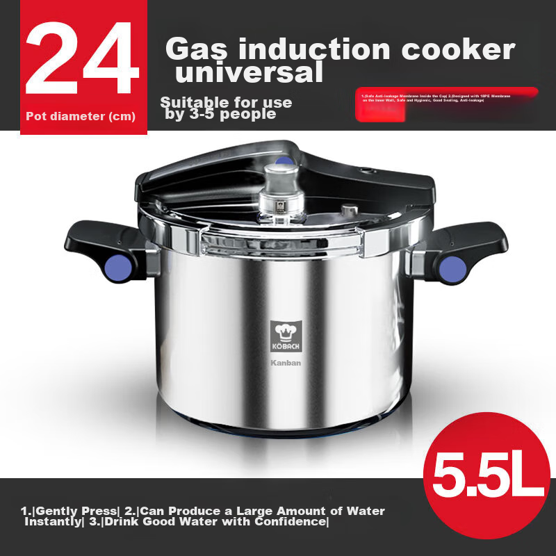 KOBACH Pressure Cooker, 304 Stainless Steel, Household Use, Explosion-Proof, Can Stand on Its Lid, Compatible with Induction And Gas Stoves, 5.5L Capacity