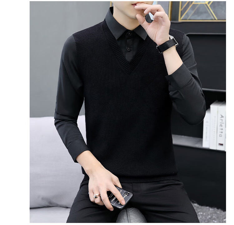 JEEP SPIRIT Men's Sweater Shirt Collar Autumn Winter Knitted Fake Two-Piece Casual Loose Trendy Jacket 6