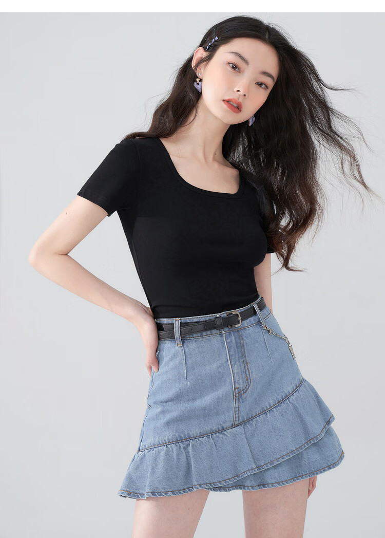 TUCANO Pure Cotton Regular Shoulder Short Sleeve T-Shirt for Women, Summer New Style Square Neck Simple Casual Slimming Top Undershirt, Black, 2XL 8