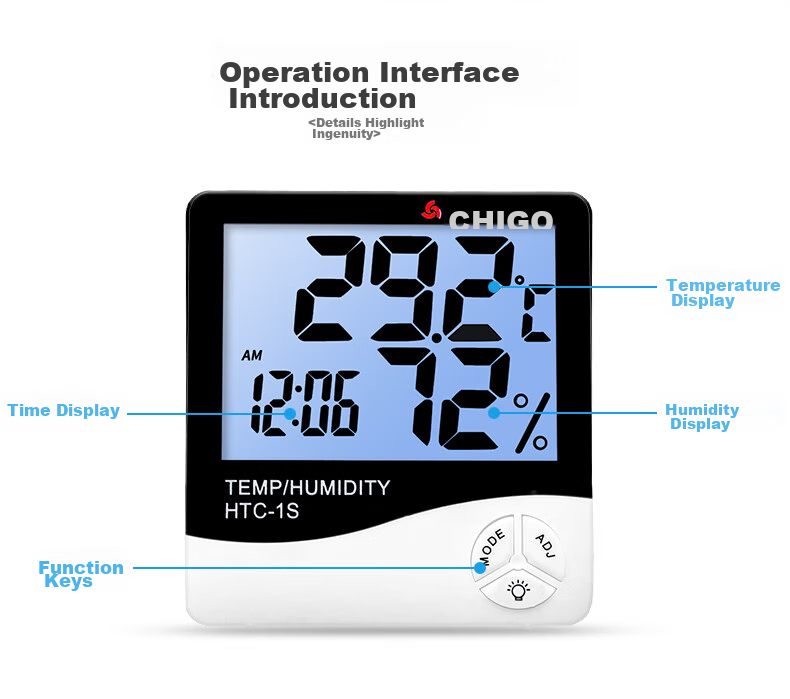 CHIGO Indoor Thermometer, Home Temperature And Humidity Meter, High-Precision Electronic Room Thermometer Clock, Dry And Wet Temperature Gauge HTC-1S 10