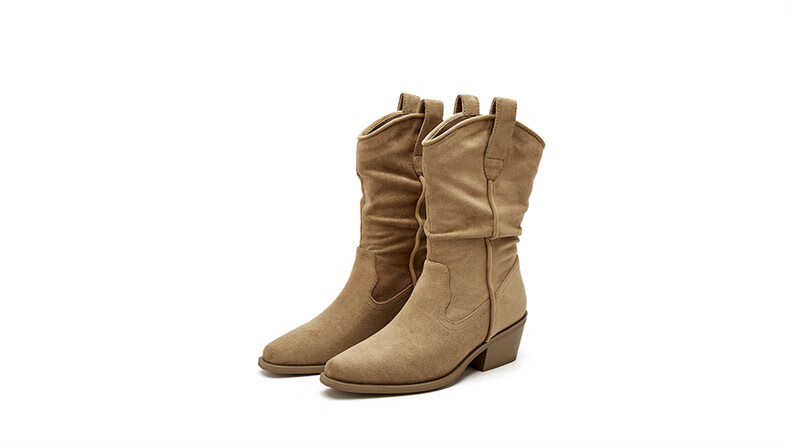 DAPHNE Pointed Toe Western Boots for Women with Fleece Lining, Chunky Heel, Versatile Retro Mid-Calf Boots, Khaki with Fleece Lining, Size 35 12