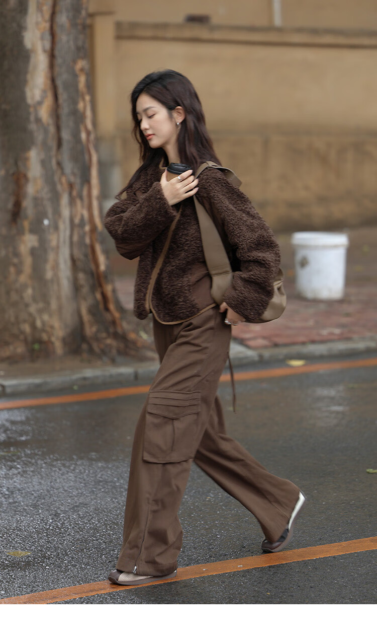 Dme Vintage Plush Jacket Autumn And Winter Style Irregular Arc Zipper Faux Sherpa Coat for Women Coffee Color L 14