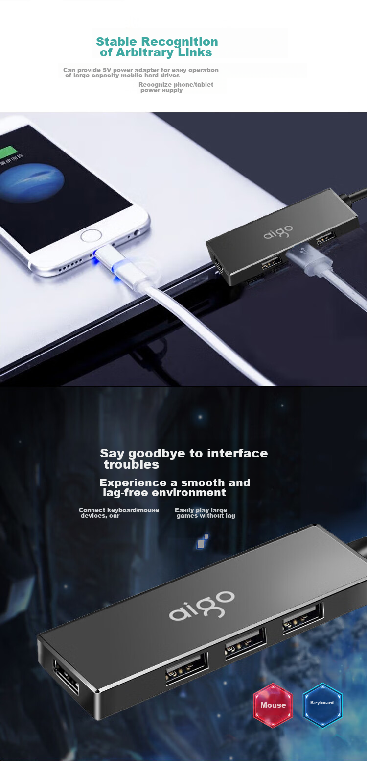 Aigo Type-C Hub Adapter, 3.0 Converter, Laptop Docking Station, USB Extension Cable, Computer Expansion Dock H02-C Metal 0.25M 5