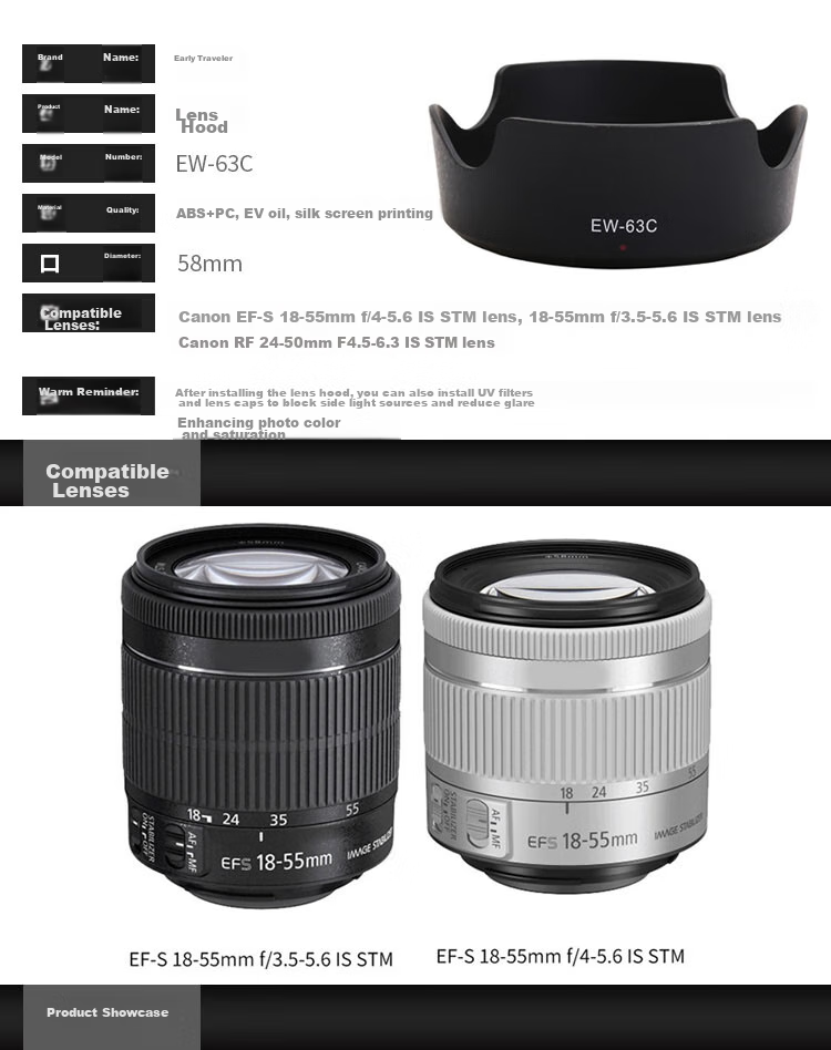 Earlymen Lens Hood EW-63C, Compatible with Canon RF24-50mm F4.5-6.3 IS STM Lens, Canon EF-S 18-55 IS STM Lens 5