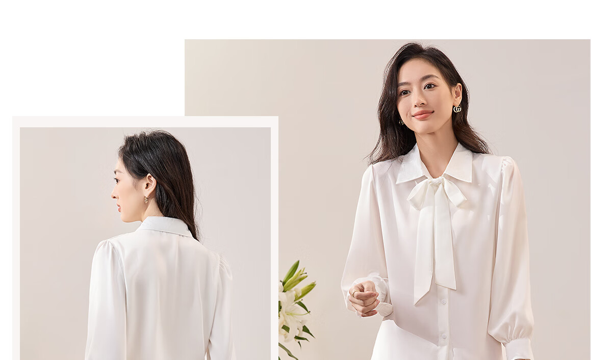 Chushen Long-Sleeve Shirt for Women, Elegant Lapel Design with Bow Tie, Casual White Blouse S13KC2990 Size M 22