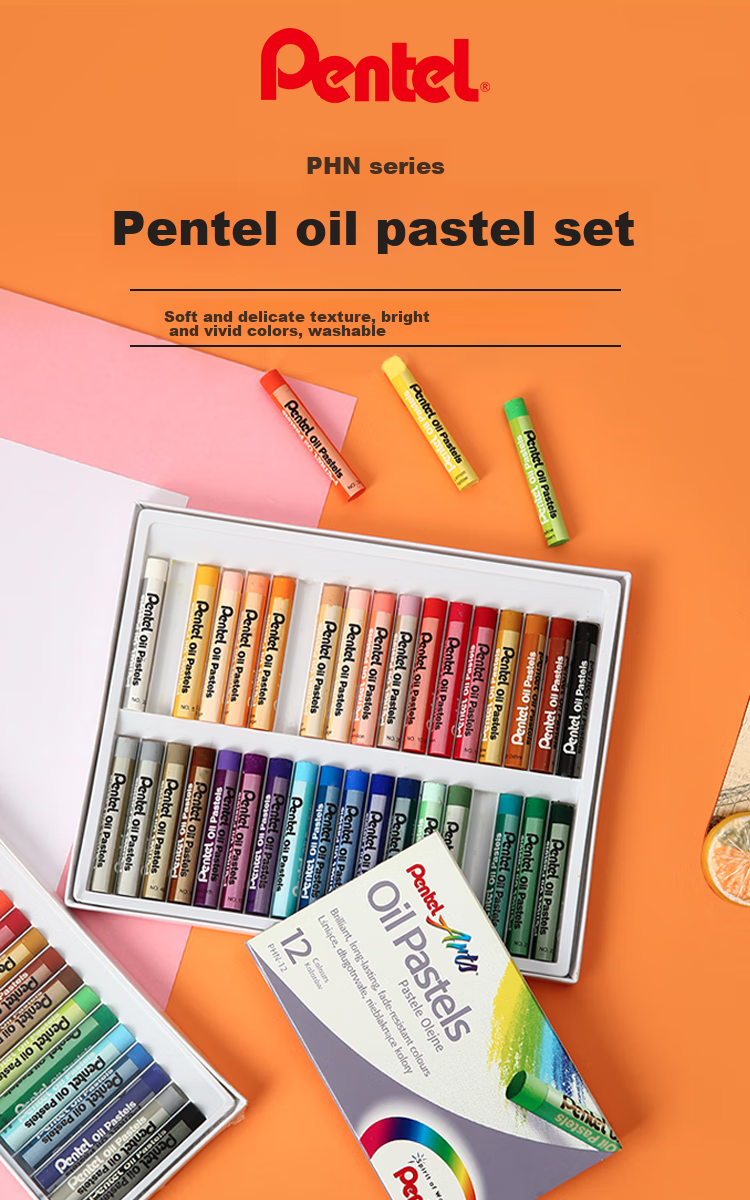 Pentel Oil Pastels, Colored Crayons for Children And Students, Art Doodling Drawing, Washable, Less Likely to Stain Hands, PHN-12U 12 Colors/box, Educational Tool 2