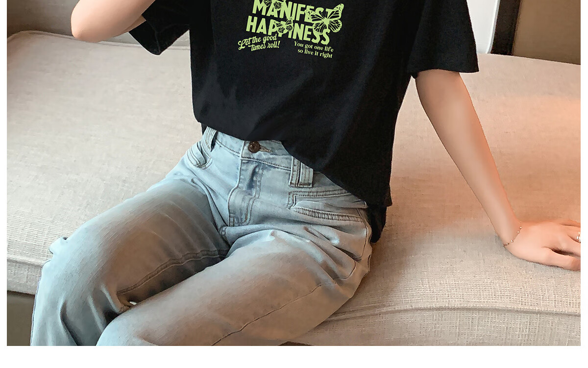 Halo Queen Women's Short-Sleeve T-Shirt, Summer Undershirt, Inner Layer Top, Trendy Letter Print, Loose-Fitting T-Shirt, H143T1418 53