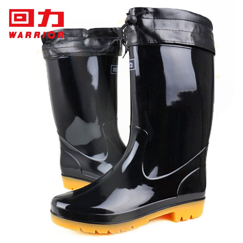 Warrior Men's Rain Boots Outdoor Waterproof Non-Slip Fleece-Lined HL8075 High Tube Black Size 40