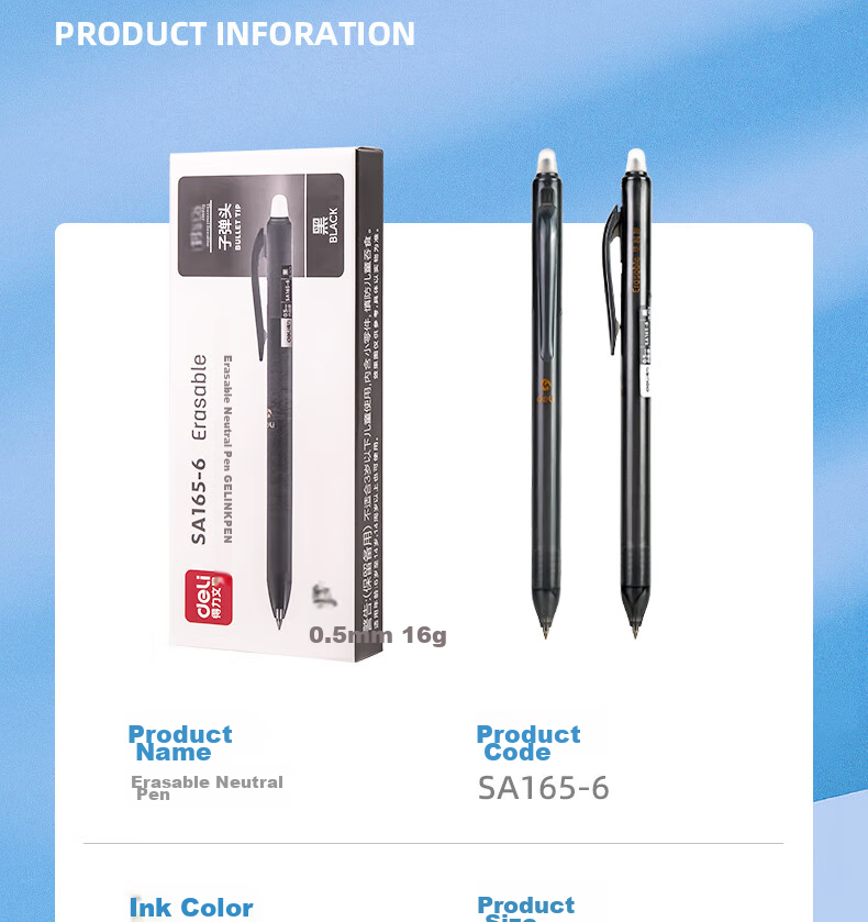 Deli [Best-Selling Product] Stylish Erasable Retractable Gel Pen 0.5mm Bullet Tip Erasable Magic Student Pen Crystal Blue 6 Pens/Box SA165-6 13