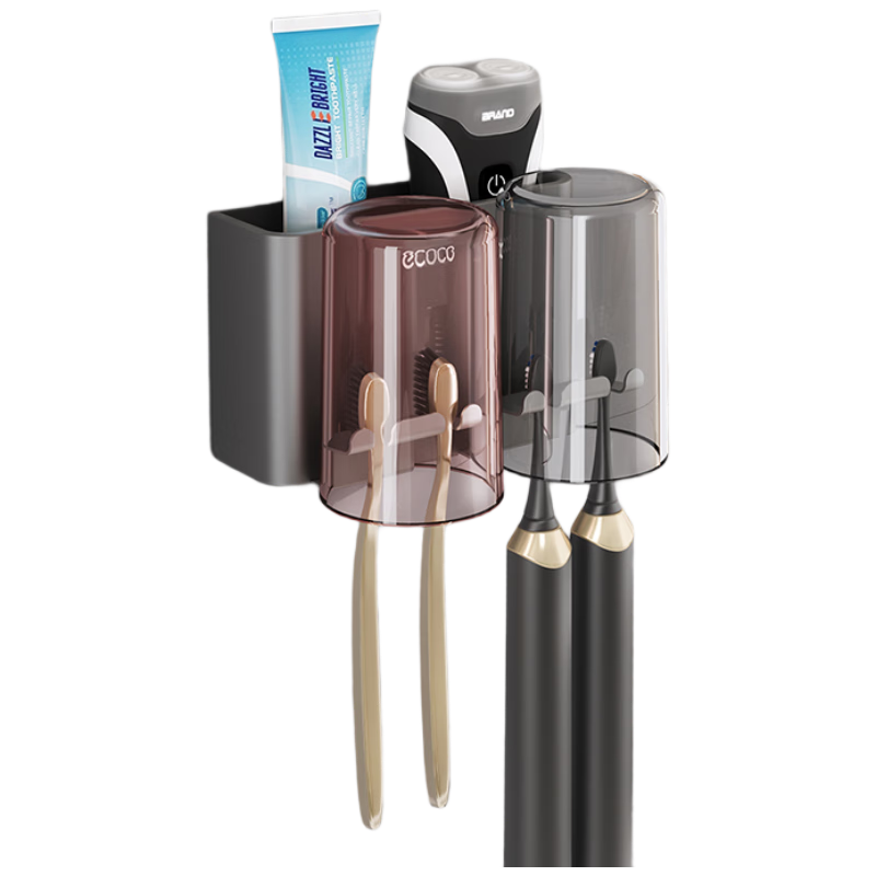 Ecoco Toothbrush Holder Space Aluminum No-Drill Bathroom Rinse Cup Wall-Mounted Storage Rack for Couples