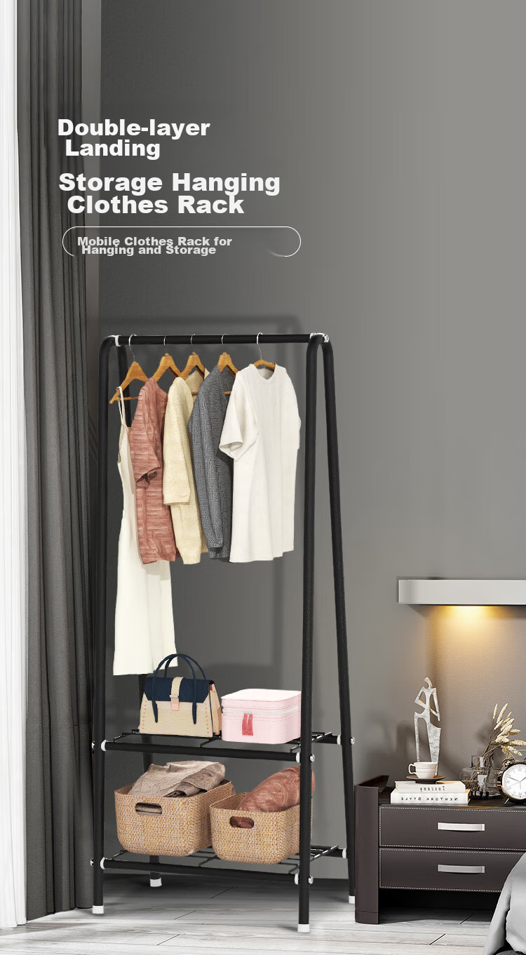Ourunzhe Clothes Drying Rack, Single Pole Floor-Standing Clothes Hanger, Balcony Drying Rack, Simple Clothes Drying Rack with Double-Layer Storage Shelf, Black 1