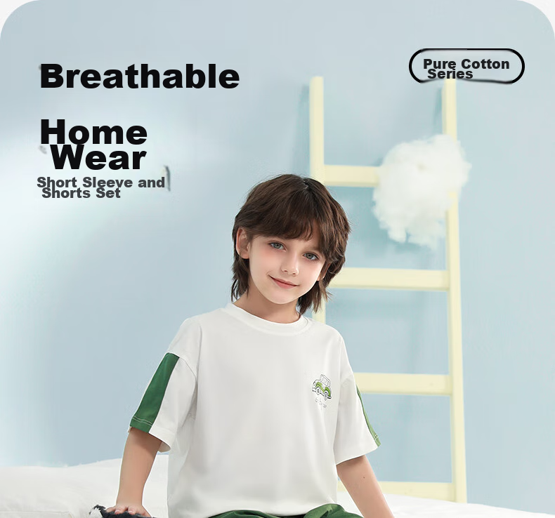 YING BO LUN Summer Boys' Pajamas, Pure Cotton Thin Loose Short-Sleeve Set, Children's Loungewear, for Older Kids, 609 Gray-Green, Size 140 1