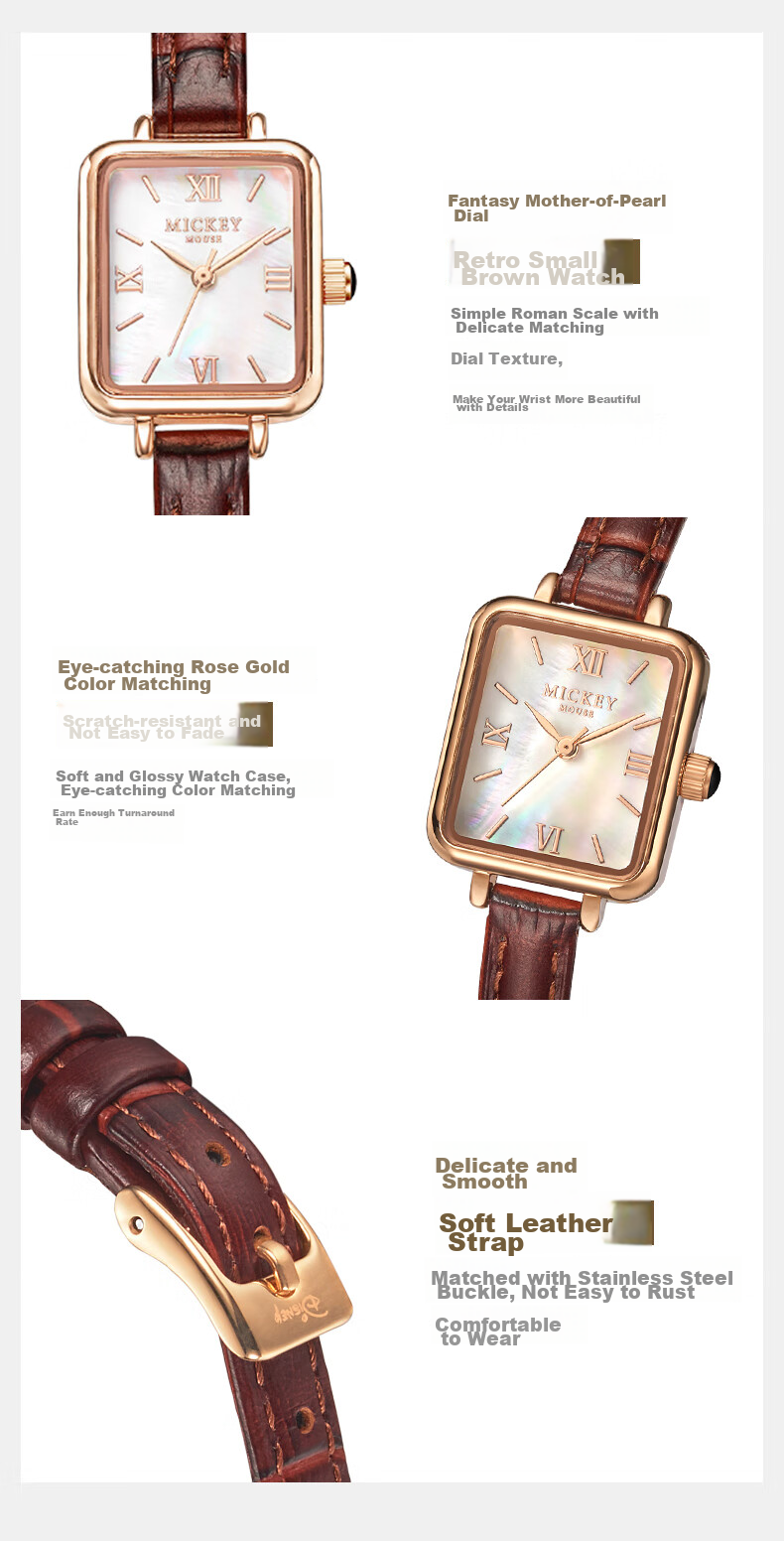 Disney Women's Luxury Niche Elegant Small Pin Square Green Watch Birthday Valentine's Gift 13