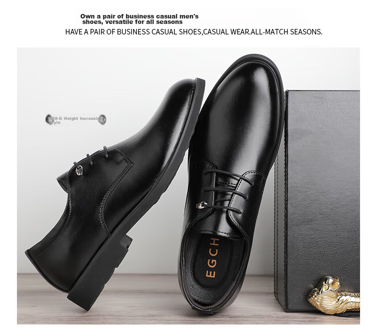 EGCHI Men's Leather Shoes, Business Formal Dress British Style Commuter Shoes, 1618 Black (Height-Increasing Version), Size 44 19