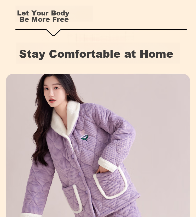 MiiOW Coral Fleece Three-Layer Padded Women's Pajamas, Ultra-Thick Fleece-Lined Warm Loungewear, Suitable for Outdoor Wear, Cherry Blossom Pink 38