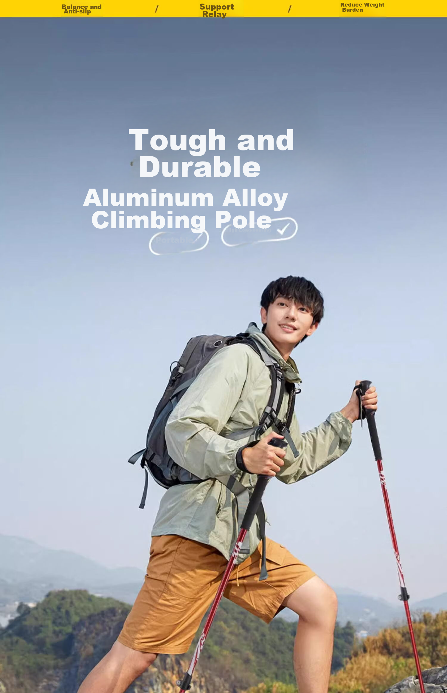 CAMEL Trekking Pole, Aluminum Alloy Lightweight Telescopic Folding Hiking Stick, Anti-Slip Walking Stick for Elderly, Climbing Pole 4674 1