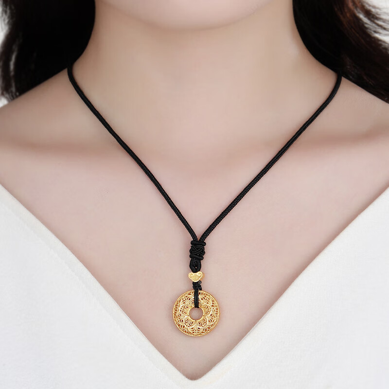 潮宏基chjjewellery古法花丝富贵扣足金黄金吊坠项链计价xxg30000799