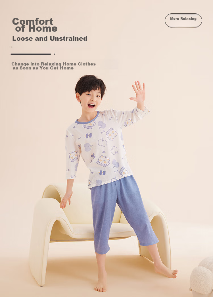 Hodo Children's Pajamas, Summer Thin Pure Cotton Class A Boys Girls Home Wear, Short Sleeve Set, Loose Fit 3231 150 7