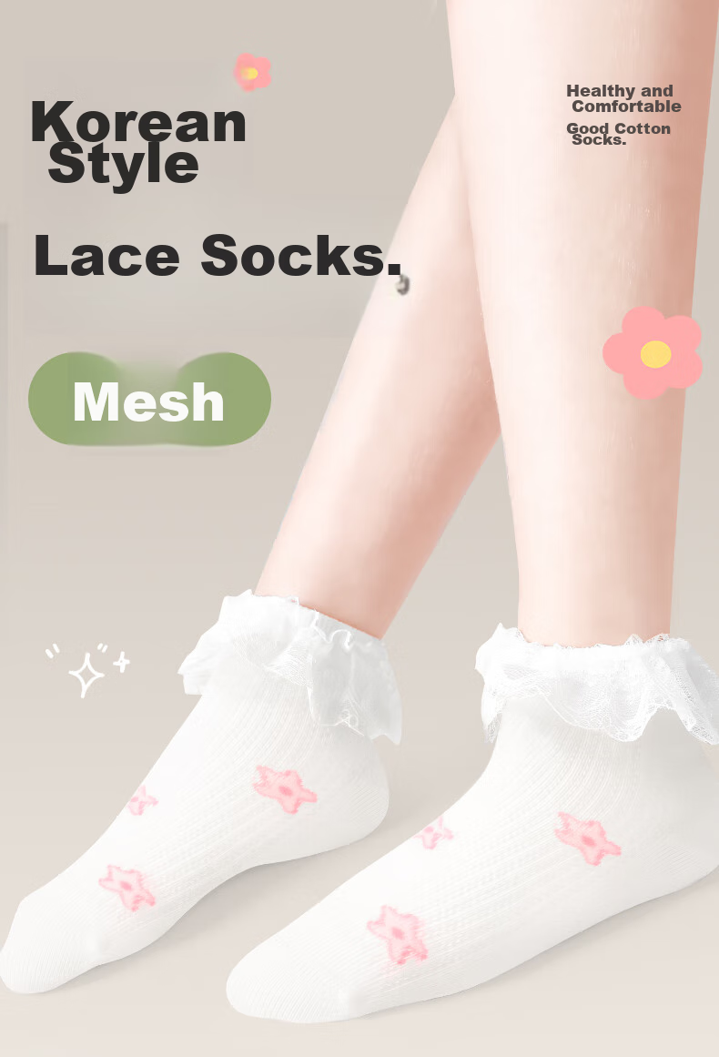 Barbie Girls' Socks, Thin Spring And Autumn Style, Children's Cotton Socks, Cute White Lace Short Socks for Baby Girls, Mesh Socks for Girls 1