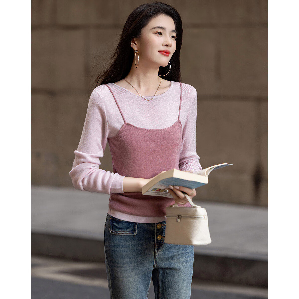 Dme [Raspberry Macaron] Spring And Autumn Girly Faux Two-Piece with Wool Sweater, Lightweight Knit Top for Young Wome