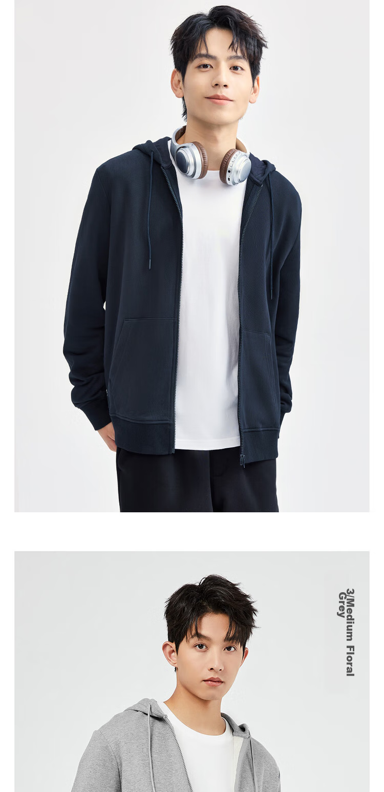 Giordano Casual Jacket for Men, Zip-Up Sports Coat, Pure Cotton Kangaroo Pocket Hooded Sweatshirt, Cardigan for Men, 13074890 10