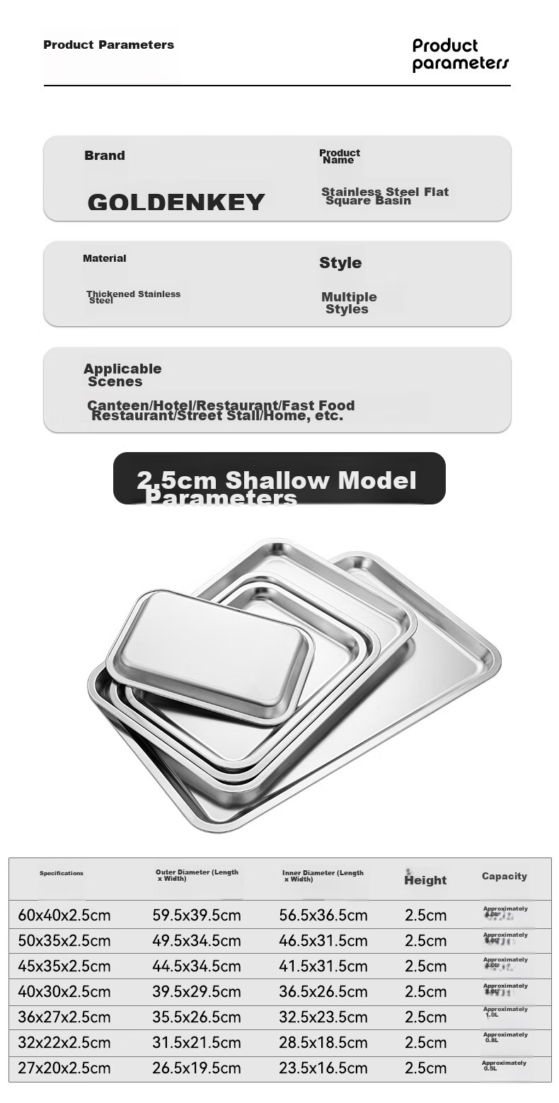 Jinyaoshi Stainless Steel Flat Bottom Deep Square Basin Rectangular Tray Steaming Plate, Serving Dish, Dumpling Plate, Fruit Plate GK-FP6040 7